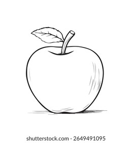 Ilustración vectorial en blanco y negro de una manzana con una hoja. Icono de fruta de contorno dibujado a mano. Perfecto para libros para colorear, envases de alimentos, materiales educativos y un diseño mínimo.