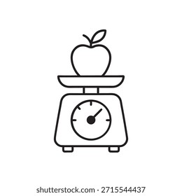 Ilustración vectorial en blanco y negro de una manzana en la escala de la cocina que simboliza la dieta y la nutrición, la alimentación saludable y el control de peso