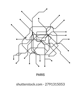 Black and white vector illustration of an approximate Paris metro map, designed as a clean schematic transit diagram.