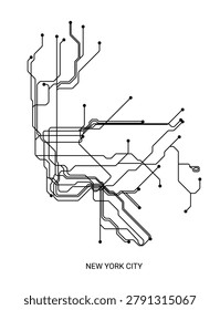 Black and white vector illustration of an approximate New York City metro map, designed as a detailed schematic transit diagram.