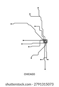 Black and white vector illustration of an approximate Chicago metro map, designed as a clean schematic transit diagram.