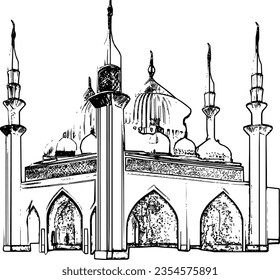 Schwarz-Weiß-Vektorgrafik einer arabischen Moschee, wie sie von einem Künstler vorgestellt wurde. Vektorbild auf isoliertem Hintergrund.