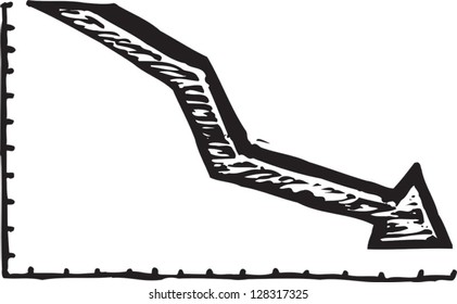 Black and white vector illustration of an arrow going down