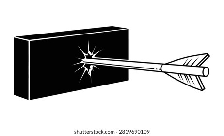 Black and white vector illustration of an arrow piercing through a solid wall, symbolizing breakthrough, success, overcoming obstacles, and hitting the target business concept.
