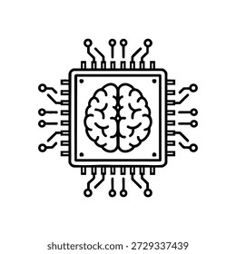 Black and white vector illustration of artificial intelligence brain in microchip symbol of programming and machine learning technology