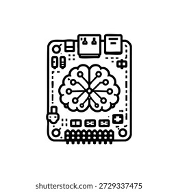 Black and white vector illustration of artificial intelligence brain chip and microcontroller board for programming and machine learning