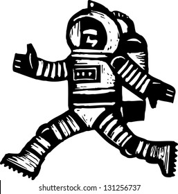 Black and white vector illustration of an astronaut running