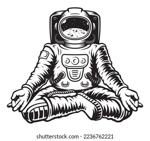 Black and white vector illustration of an astronaut meditating in the lotus position