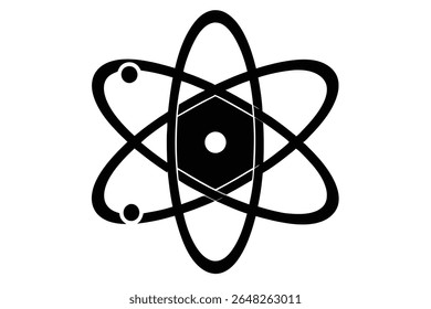Ilustración vectorial en blanco y negro de un átomo con electrones en órbita El núcleo central es hexagonal. El estilo es sencillo y atrevido.