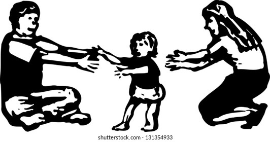 Black and white vector illustration of baby learning to walk