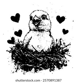 black and white vector illustration of a baby bird in a nest surrounded by hearts, perfect for cute, nature-inspired, and decorative-themed designs