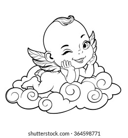 Black and white vector illustration with Baby Cupid shooting a bow