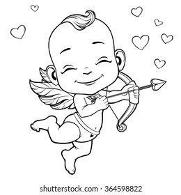 Black and white vector illustration with Baby Cupid shooting a bow