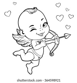 Black and white vector illustration with Baby Cupid shooting a bow