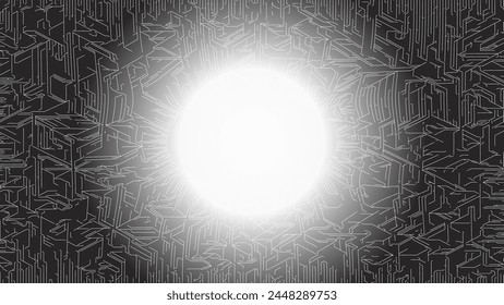 Black and white vector illustration of a background texture with a bright light in the middle.