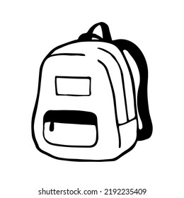 Black and white vector illustration of a backpack in doodle style. Hand drawn picture is isolated on a white background