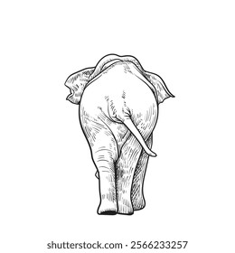 Black and white vector illustration of an Backside of the Asian elephant isolated on white background.
