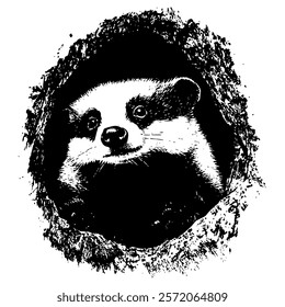 black and white vector illustration of a badger peeking out of its burrow, styled in a vintage engraving technique, perfect for wildlife and artistic designs