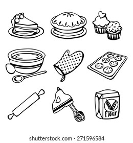 A black and white vector illustration baking related icons like cake, pie, cupcakes, mixing bowl, oven mitten, cookies in a tray, rolling pin, hand mixer and flour in doodle line art style.