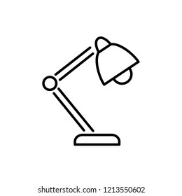 Black and white vector illustration of balanced arm table lamp. Line icon of modern desktop light fixture. Home and office illumination. Task lighting. Isolated object on white background