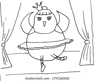 black and white vector illustration of a ballerina bird dancing on stage