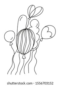Black and white vector illustration with balloons. Minimalist line drawing with festive decor.