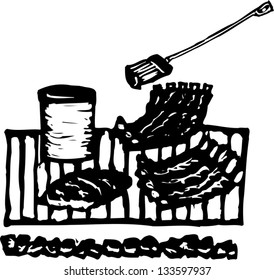 Black and white vector illustration of barbecue ribs on a grill