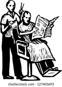 Black and white vector illustration of a barber giving haircut to a man