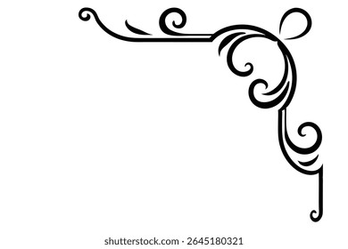 Black and white vector illustration of a baroque style corner ornament featuring intricate swirls and scrolls. The design is elegant and detailed.