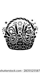 A black and white vector illustration of a basket filled with glowing party accessories, including glow sticks, necklaces, and shutter shades, perfect for events.