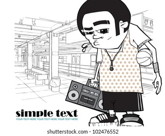 Black and white vector illustration of basketball character at subway station. Place for your text.