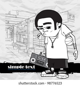 Black and white vector illustration of basketball character at  subway station.  Place for your text.