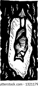 Black and white vector illustration of bat roost