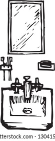 Black and white vector illustration of a bathroom sink and medicine cabinet