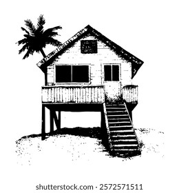 black and white vector illustration of a beach house with a palm tree, designed with rustic textures and artistic shading for a tropical and vintage look