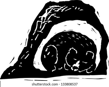 Black and white vector illustration of bear hibernating