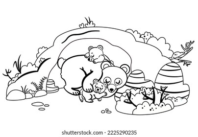 Black and white vector illustration of bear family hibernating in their cave. 