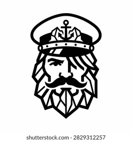 Black and white vector illustration of a bearded sailor wearing a crown with anchor