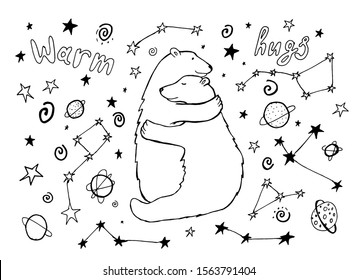Black and white vector illustration with bears, planets and constellations. 
Hand drawn polar bears hugging. Lettering "warm hug". Cute animals line art in doodle style.