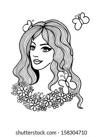 Black and white vector illustration. Beautiful girl with flowers and butterflies