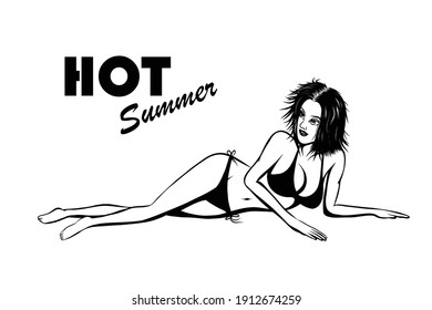 Black and white vector illustration of a beautiful woman wearing a bikini sunbathing Along with hot summer messages It is suitable for use in advertising to invite in tourism.