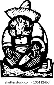 Black and white vector illustration of a beaver working as a gardener