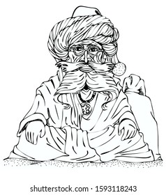 black and white vector illustration - Bedouin as Santa Claus with a bag of gifts