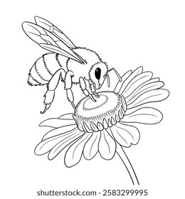 A black and white vector illustration of a bee collecting nectar from a flower.