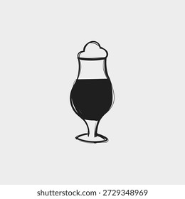 Una Ilustración vectorial en blanco y negro de una copa de cerveza en estilo sketch, perfecta para un menú de bar.