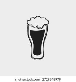 Una Ilustración vectorial en blanco y negro de una copa de cerveza en estilo sketch, perfecta para un menú de bar.