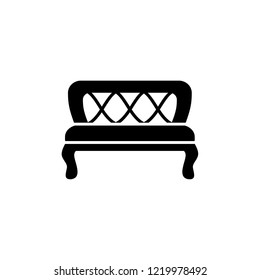Black & white vector illustration of bench. Flat icon of patio settee. Vintage home & office furniture. Isolated object on white background