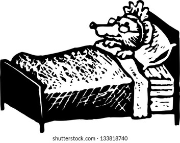 Black and white vector illustration of big bad wolf as grandmother