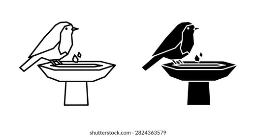 Black and white vector illustration of a bird perched on a birdbath with garden design graphic design birdbath wildlife silhouette illustration