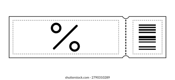 Black and white vector illustration of a blank discount coupon or shopping voucher. Linear design with a percentage symbol, dotted tear-off line, and barcode on the ticket stub. Isolated on white background.
